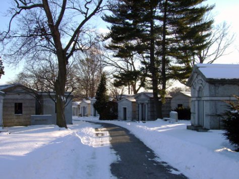 Mausoleums line the winding paths at Salem Fields Cemetery.