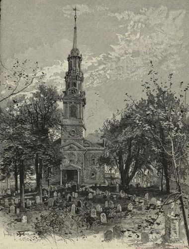 An 1884 view of St. Paul’s Chapel and Churchyard (NYPL)