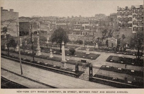 View of the New York City Marble Cemetery. Unlike its predecessor, it permitted family monuments and individual markers to identify the underground vaults.