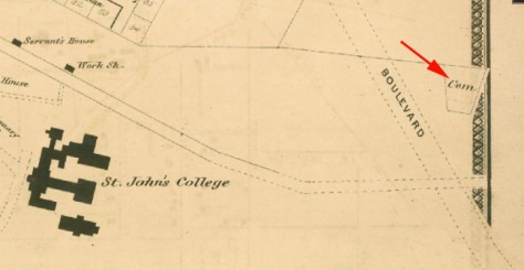Location of the original Jesuit cemetery at Fordham, near Southern Boulevard, 1868