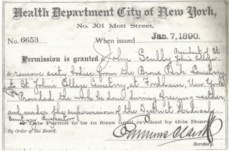 Permit for transfer of remains from the old cemetery to the new cemetery at Fordham, 1890 (Hennessy 2003)