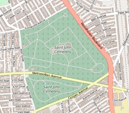 Location of St. John's Cemetery in Middle Village, Queens